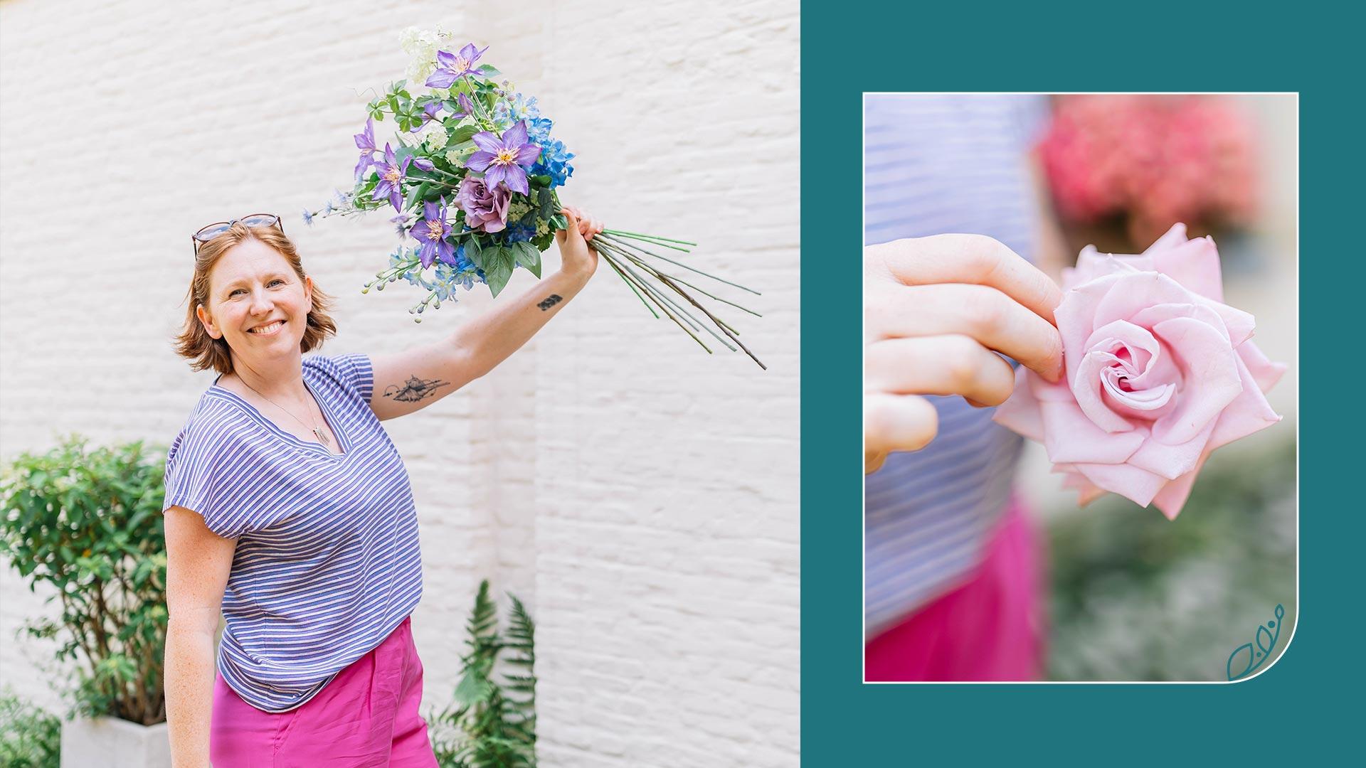 Kim houdt een ruiker kleurrijke zijdebloemen vast en glimlacht naar de bezoeker